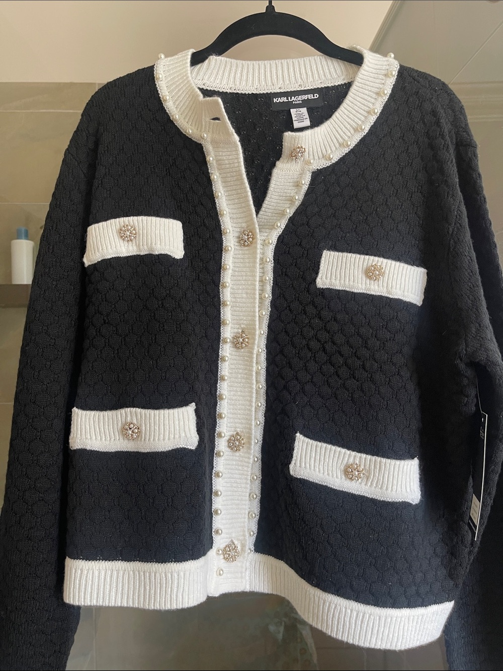Karl Lagerfeld Black and White Trim Pearl-Button Cardigan